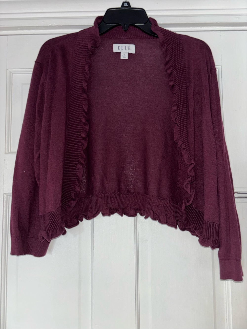 ELLE Women's Ruffled Open-Front Cardigan Sweater - Burgundy
